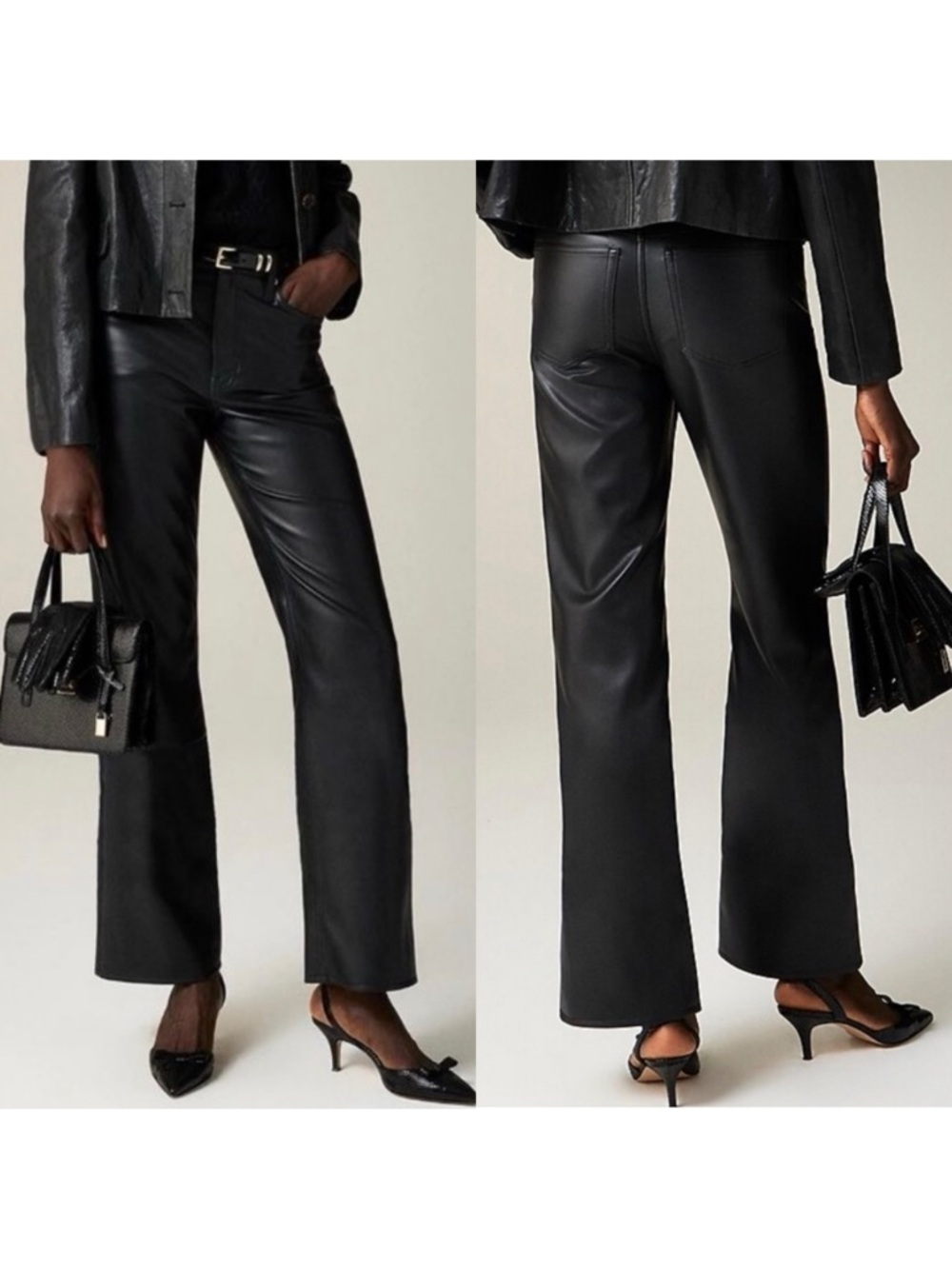 J. Crew Slim Wide Leg Black Faux Leather Pants High Rise 32 TALL Old Money Sleek